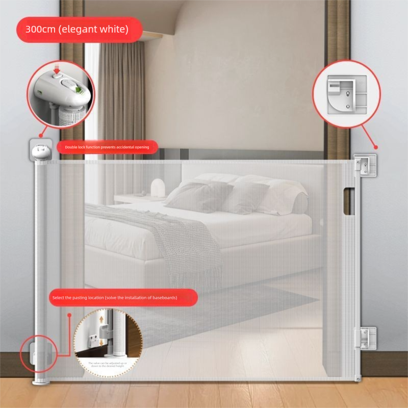 White Retractable Baby Safety Gate and Pet Barrier Extra Wide 300cm for Stairs and Doorways No Drill Mesh In-Home Protection Solution for Local Families