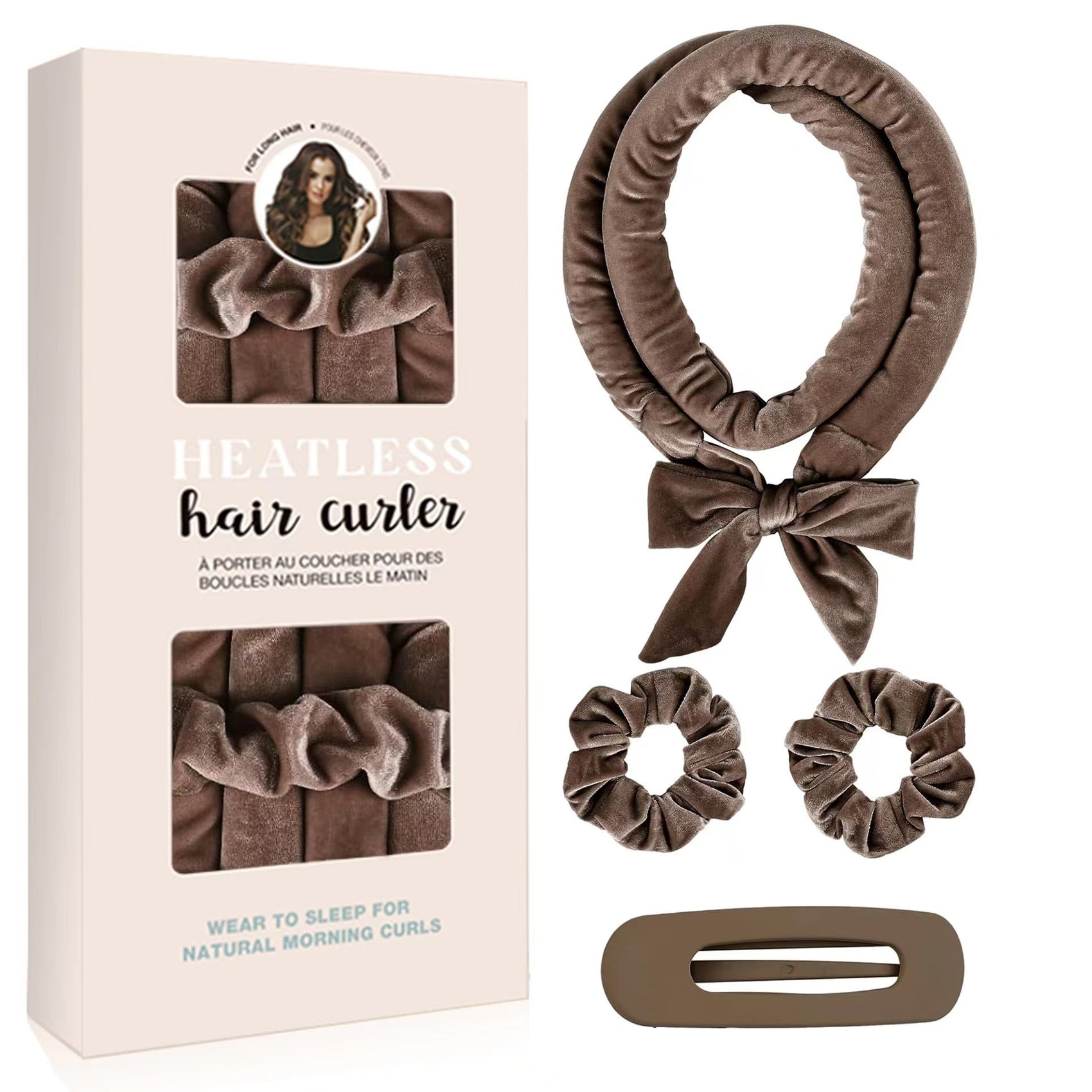 Coffee brown Heatless Hair Curler Set with Bowtie Ribbon for Natural Big Waves Damage-Free Overnight Hair Styling Essential for Your Local Modern Lifestyle