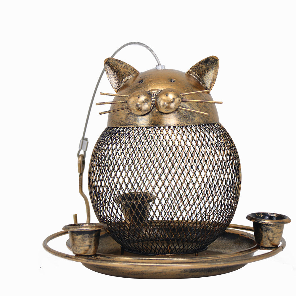 Fine mesh + 3 water cups Whimsical Cat Shaped Metal Bird Feeder Hanging Mesh Wild Bird Seed Holder for Garden Courtyard Decorative Feeding Solution for Local Wildlife Lovers
