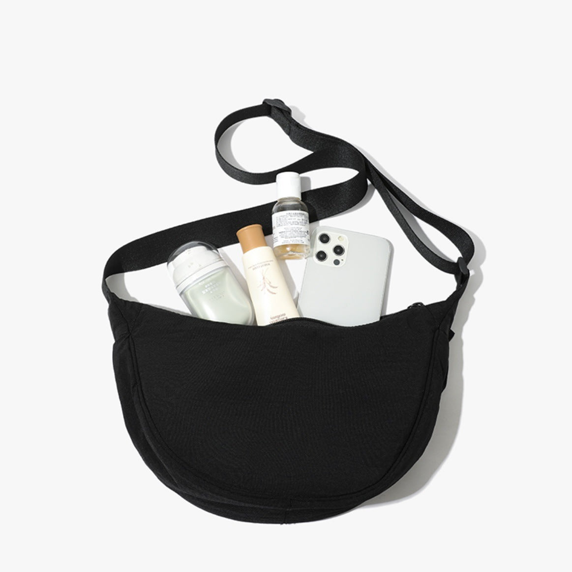 Black Lightweight Nylon Crossbody Bag – Compact Saddle Style with Adjustable Strap for Everyday Use