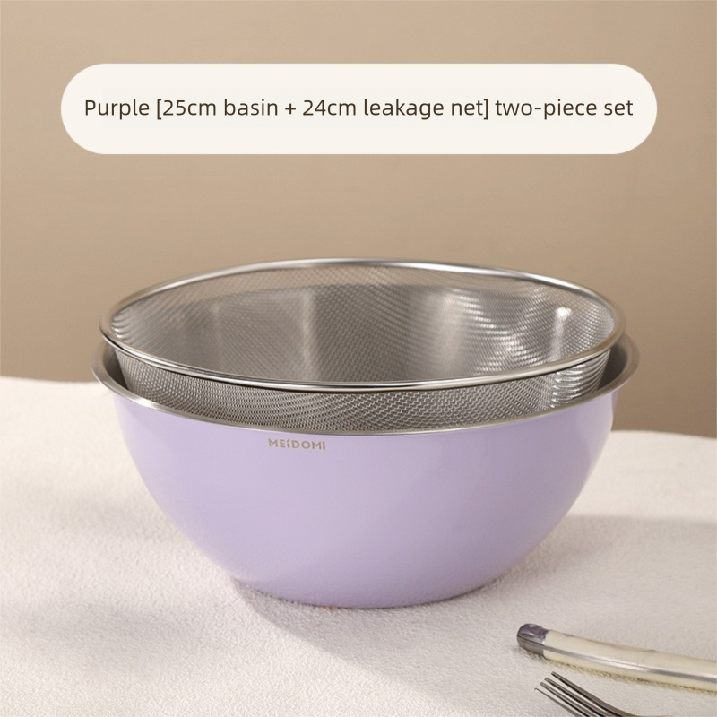 Purple Stainless Steel Mixing Bowl Set with Colander – Double-Layer Kitchen Basin for Salad, Washing, Mixing & Baking