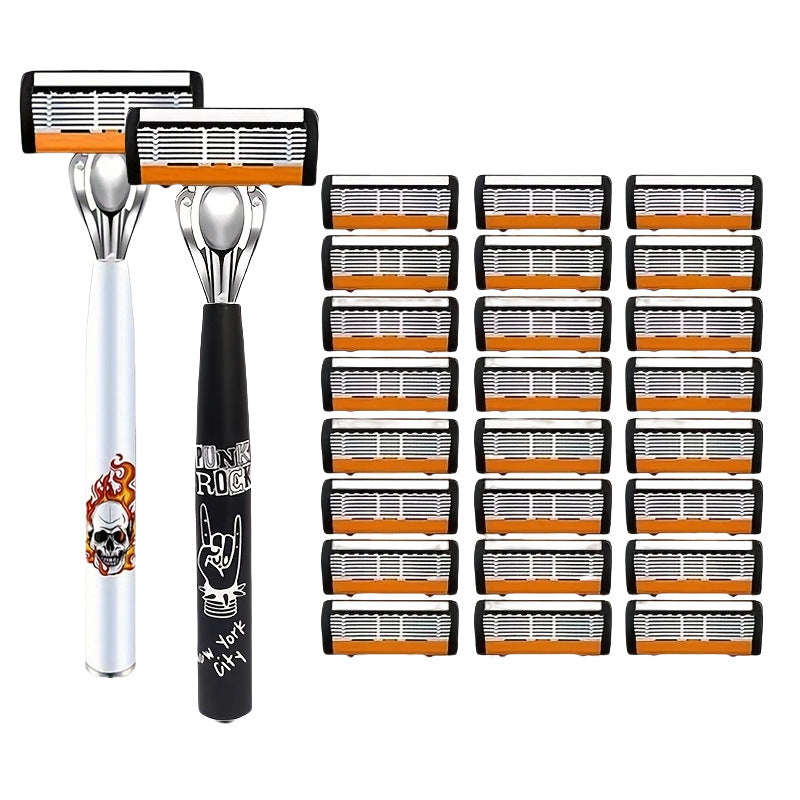 2-Pack 6-Layer Manual Razor with 24 Replacement Blades – Ultra-Close Shave for Men, Stainless Steel Handle with One-Click Blade Change