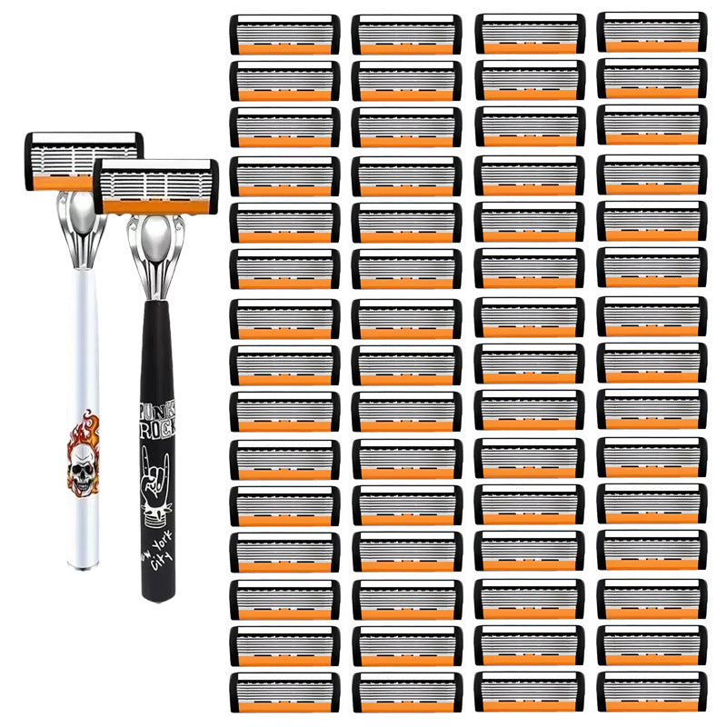 2-Pack 6-Layer Manual Razor with 60 Replacement Blades – Ultra-Close Shave for Men, Stainless Steel Handle with One-Click Blade Change