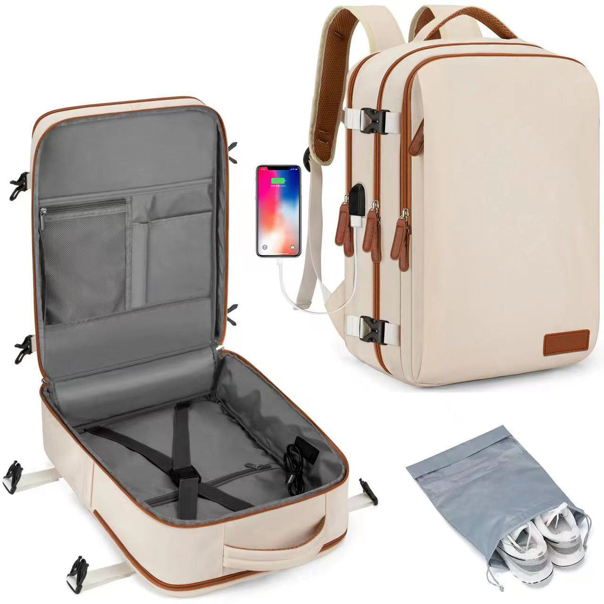 Beige Large Capacity Backpack with USB Charging Port and Waterproof Fabric for Travel Work and Daily Use