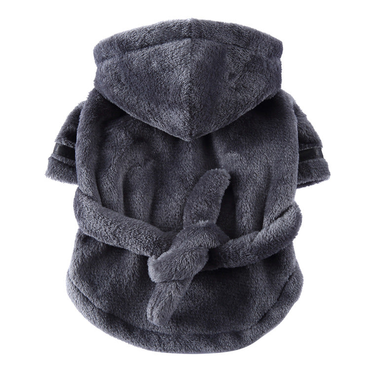 Grey Cozy Pet Bathrobe Sleepwear – Plush Fleece Dog Robe with Hood and Adjustable Waistband for Small to Medium Breeds(Size:L)