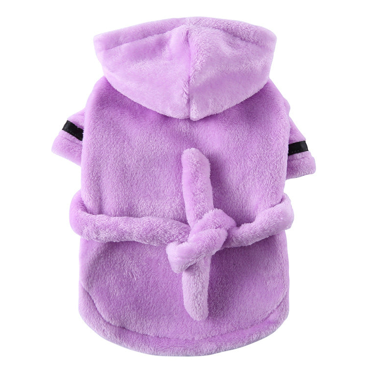 Purple Cozy Pet Bathrobe Sleepwear – Plush Fleece Dog Robe with Hood and Adjustable Waistband for Small to Medium Breeds(Size:L)