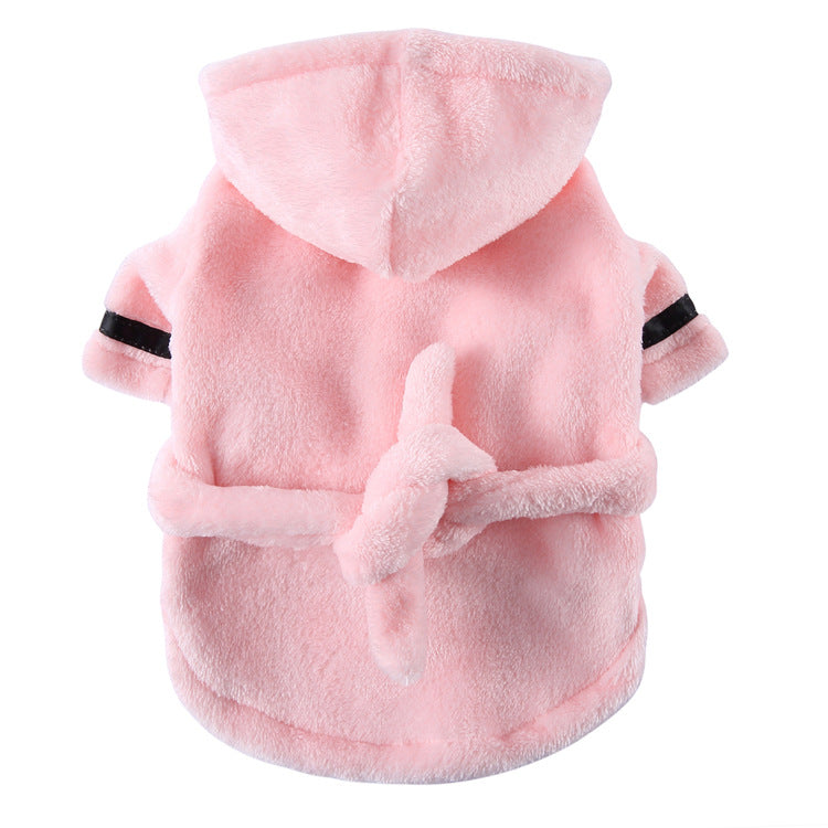 Pink Cozy Pet Bathrobe Sleepwear – Plush Fleece Dog Robe with Hood and Adjustable Waistband for Small to Medium Breeds(Size:L)