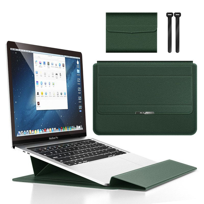 Dark green 3-in-1 Laptop Sleeve with Built-In Stand & Wrist Rest – Waterproof PU Protective Case for 13/14 Inch Laptops, Portable and Ergonomic Design