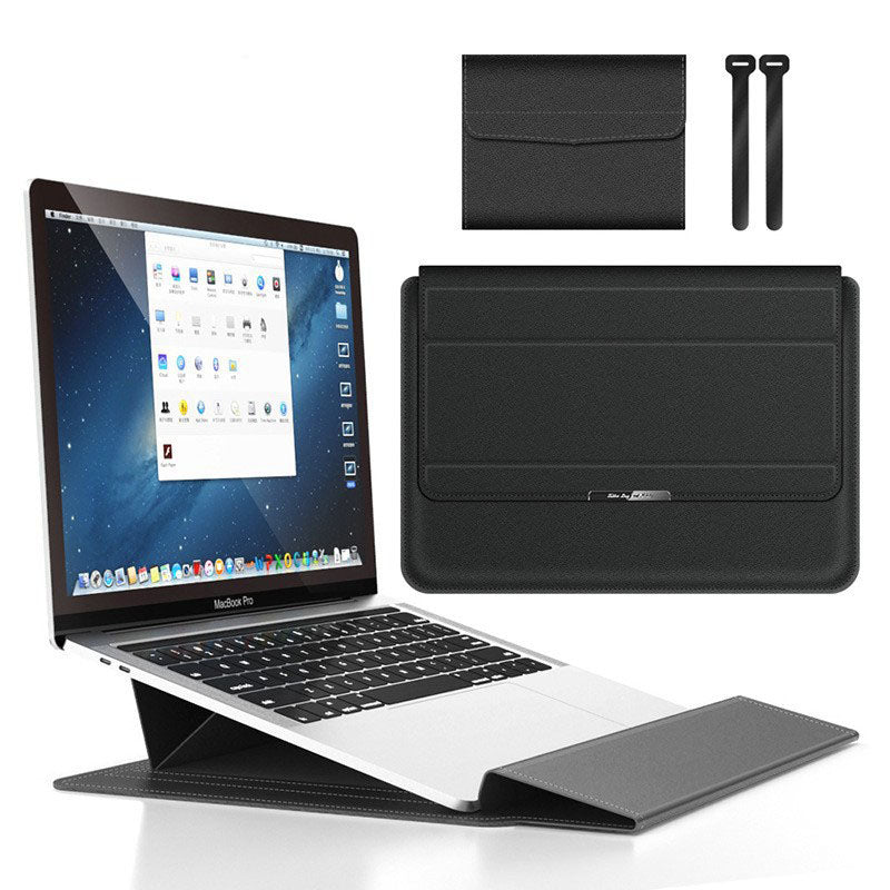 Black 3-in-1 Laptop Sleeve with Built-In Stand & Wrist Rest – Waterproof PU Protective Case for 15/16 Inch Laptops, Portable and Ergonomic Design