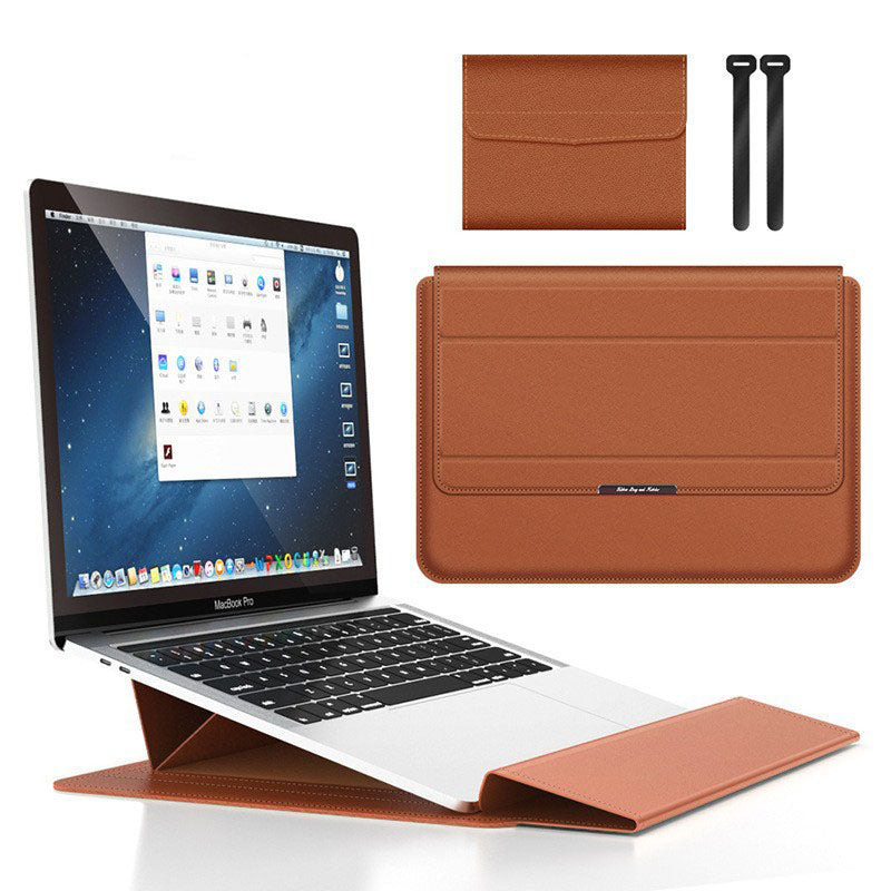 Brown 3-in-1 Laptop Sleeve with Built-In Stand & Wrist Rest – Waterproof PU Protective Case for 15/16 Inch Laptops, Portable and Ergonomic Design