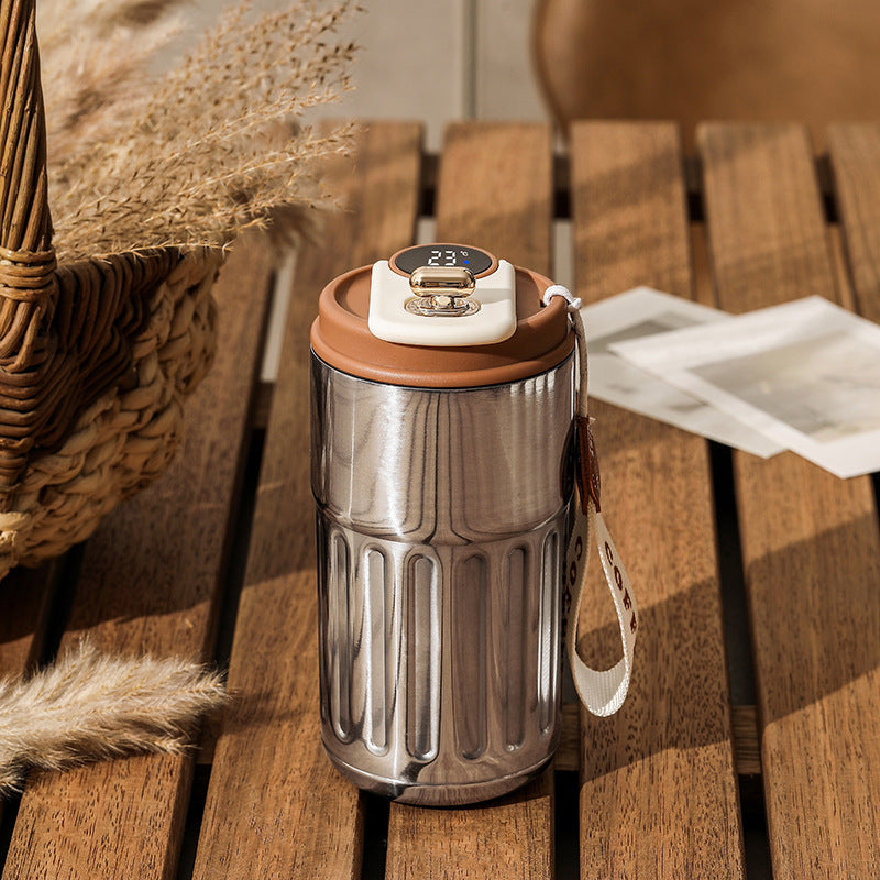 Silver-gray Smart Digital Insulated Coffee Mug with 316 Stainless Steel Inner Liner – Vacuum-Sealed Travel Tumbler with Temperature Display, USB-C Rechargeable, Leak-Proof Lid for Hot and Cold Beverages