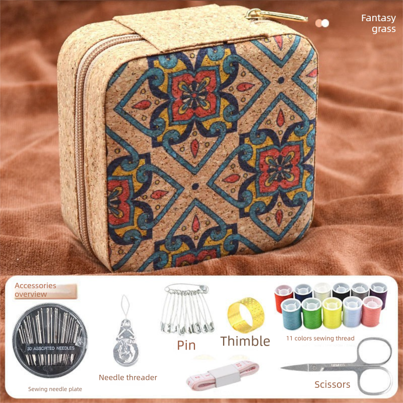 Brown Fantasy Grass Portable Sewing Kit – Compact Travel Set with Needles, Thread, Scissors, Thimble, and Pin Cushion for Home, Dorm, or Emergency Repairs
