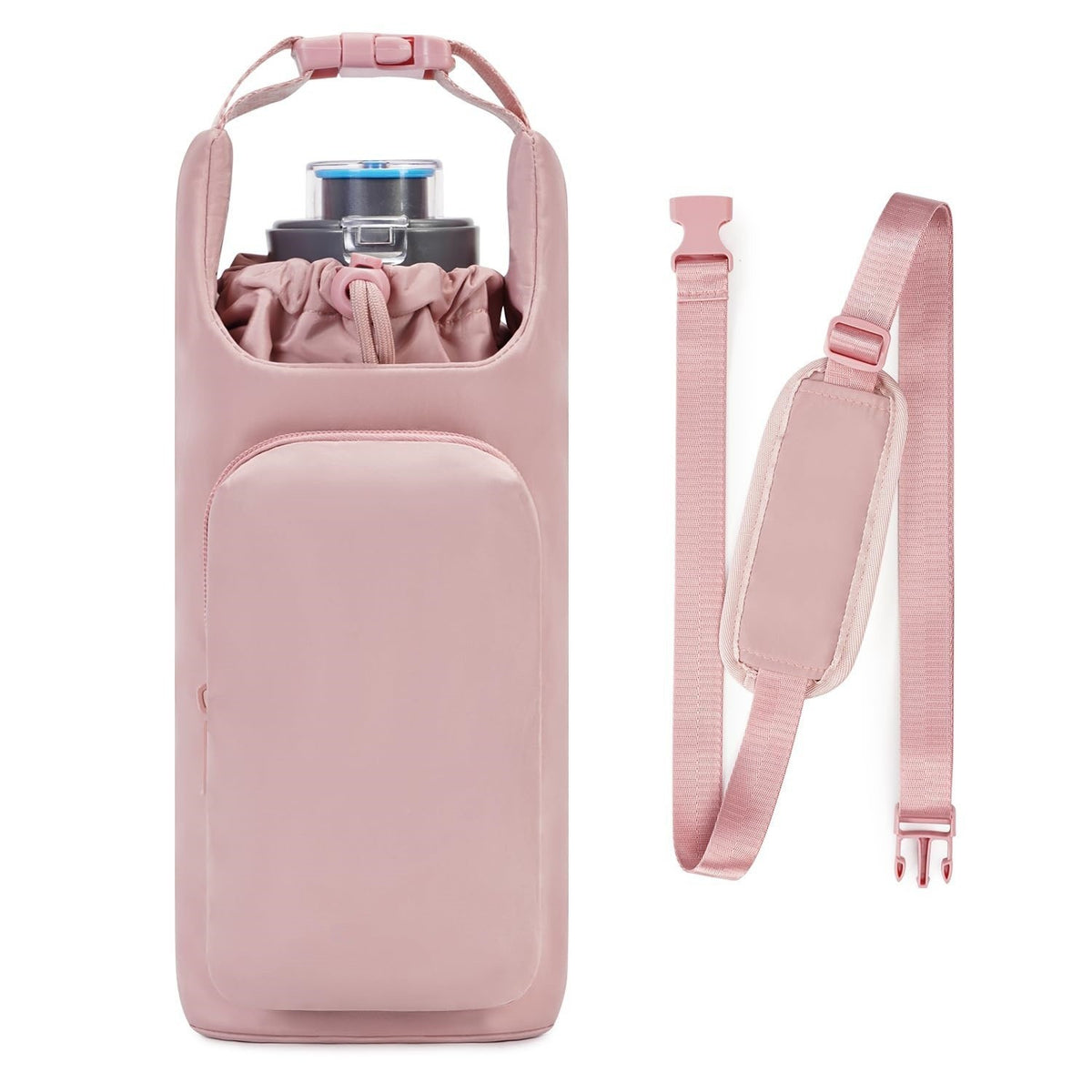 Pink Insulated Water Bottle Carrier with Shoulder Strap – Portable Sleeve for Large Bottles, Featuring Front Pocket and Key Hook
