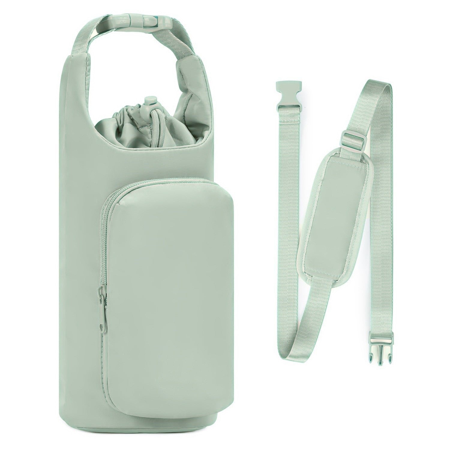 Green Insulated Water Bottle Carrier with Shoulder Strap – Portable Sleeve for Large Bottles, Featuring Front Pocket and Key Hook