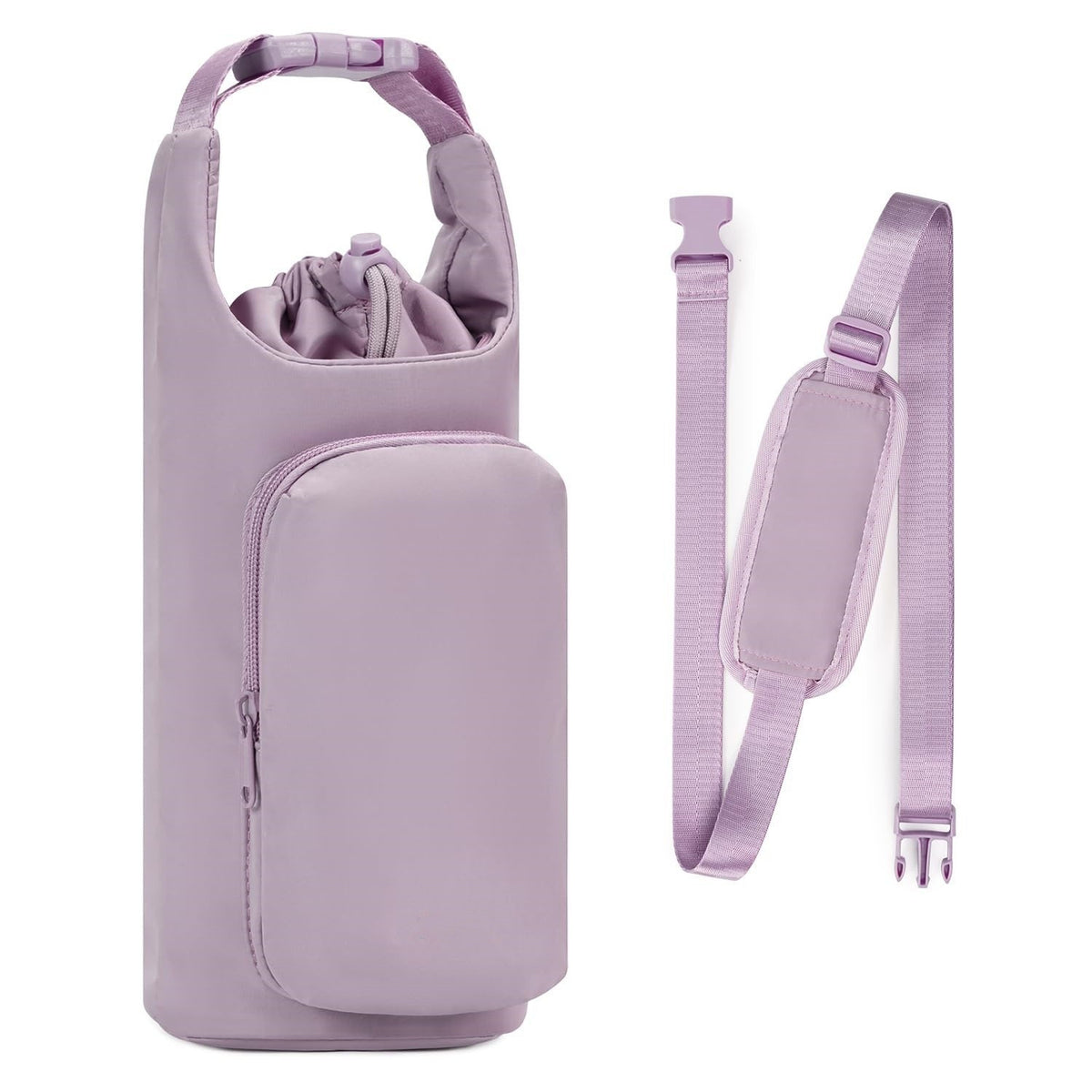 Purple Insulated Water Bottle Carrier with Shoulder Strap – Portable Sleeve for Large Bottles, Featuring Front Pocket and Key Hook