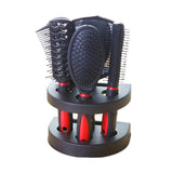 Red 5-Piece Hair Care Set with Rotating Stand – Includes Flat Comb, Styling Brush, Massage Comb, Round Brush, and Handheld Mirror