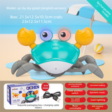 Electric Induction Crawling Crab Baby Toy Battery Operated with Silent Mode Music Off Switch Obstacle Avoidance Tummy Time Gift Sky Green