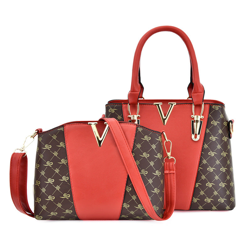 2 PCS Women's Handbag Set PU Leather Tote & Crossbody Purse Fashion Splicing Design Red