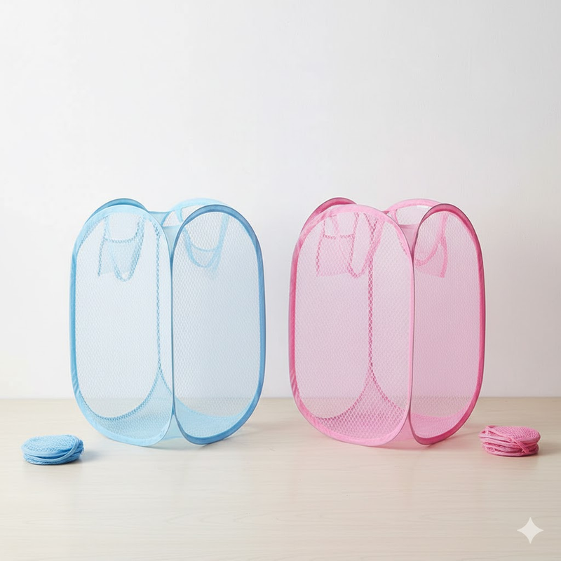2 PCS Mesh Pop Up Laundry Hamper Collapsible Washing Basket with Side Pocket & Reinforced Handles Portable Dirty Clothes Bin for Dorm Travel & Toy Storage (Sky Blue & Pink)