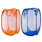 2 PCS Mesh Pop Up Laundry Hamper Collapsible Washing Basket with Side Pocket & Reinforced Handles Portable Dirty Clothes Bin for Dorm Travel & Toy Storage (Dark Blue & Orange)