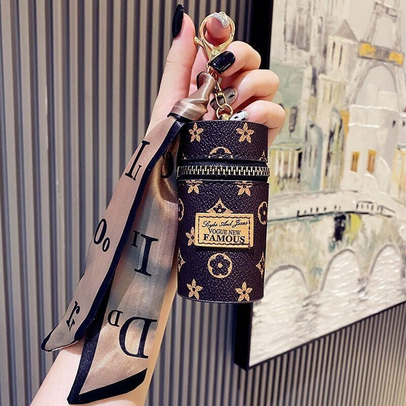 Pink Mini Cylinder Lipstick Case Keychain with Silk Scarf Charm PU Leather Coin Purse Bag Pendant for Earphones Keys Vintage Floral Pattern