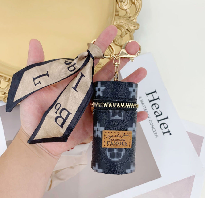 Black Mini Cylinder Lipstick Case Keychain with Silk Scarf Charm PU Leather Coin Purse Bag Pendant for Earphones Keys Vintage Floral Pattern