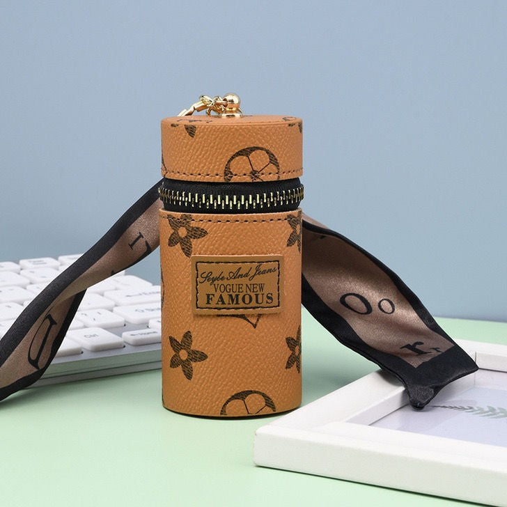 Khaki Mini Cylinder Lipstick Case Keychain with Silk Scarf Charm PU Leather Coin Purse Bag Pendant for Earphones Keys Vintage Floral Pattern