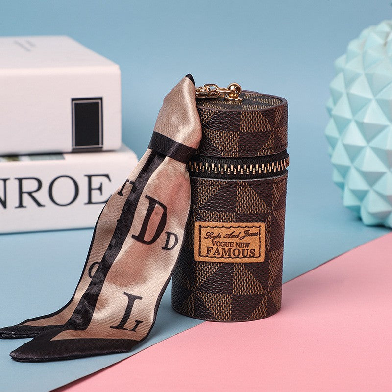 Women's Mini Cylinder Lipstick Case Keychain Brown Geometric Triangle Pattern Coin Purse with Silk Scarf Bag Charm for Earphones Keys