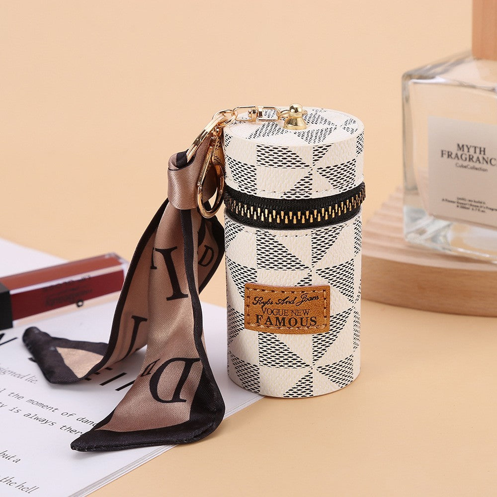 Women's Mini Cylinder Lipstick Case Keychain White Geometric Triangle Pattern Coin Purse with Silk Scarf Bag Charm for Earphones Keys