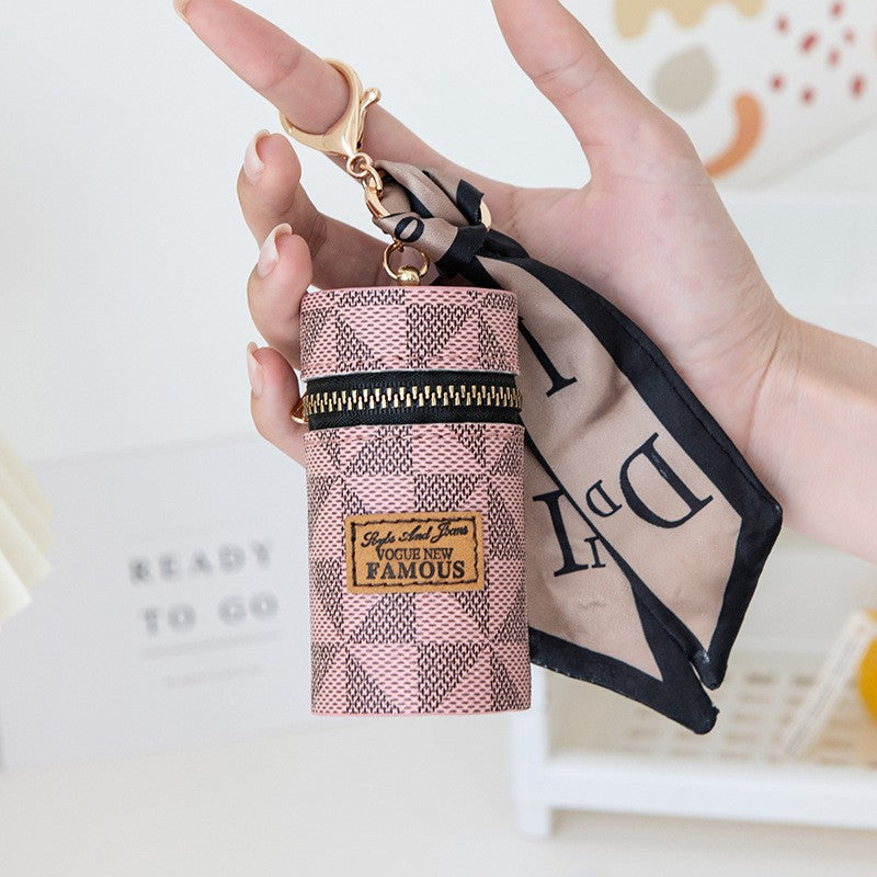 Women's Mini Cylinder Lipstick Case Keychain Pink Geometric Triangle Pattern Coin Purse with Silk Scarf Bag Charm for Earphones Keys