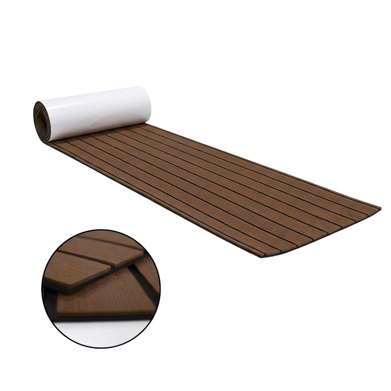 EVA Faux Teak Boat Flooring Sheet Marine Decking Mat Self Adhesive Non Slip Foam for Yacht Caravan & RV (Dark Brown & Black, 240cm x 45cm)