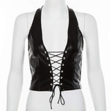 Women's Faux Leather Halter Crop Top Sexy Lace Up Deep V Camisole Gothic Punk Rave Festival Clubwear (Black, Size M)