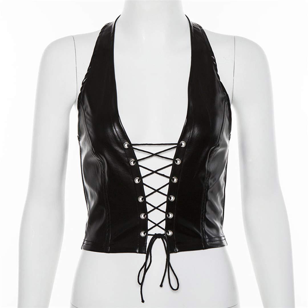 Women's Faux Leather Halter Crop Top Sexy Lace Up Deep V Camisole Gothic Punk Rave Festival Clubwear (Black, Size L)