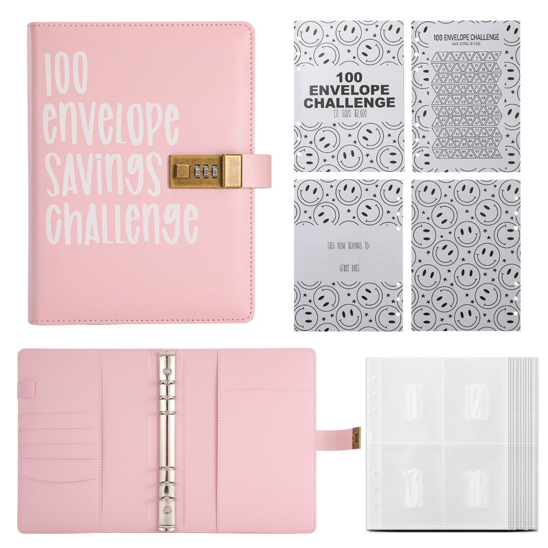 100 Envelope Savings Challenge Binder with Password Lock A5 Cash Stuffing Budget Planner Book Money Organizer for Couples (Pink)