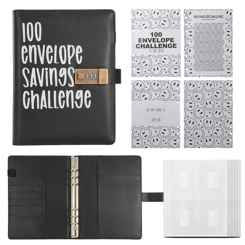 100 Envelope Savings Challenge Binder with Password Lock A5 Cash Stuffing Budget Planner Book Money Organizer for Couples (Black)