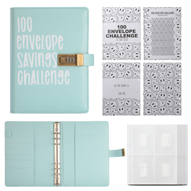 100 Envelope Savings Challenge Binder with Password Lock A5 Cash Stuffing Budget Planner Book Money Organizer for Couples (Blue)
