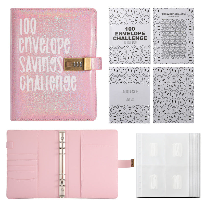 100 Envelope Savings Challenge Binder with Password Lock Holographic Pink A5 Cash Stuffing Budget Planner Book Money Organiser for Couples (Glitter Pink)