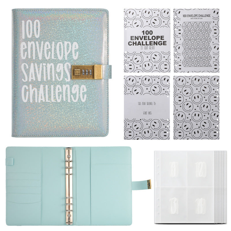 100 Envelope Savings Challenge Binder with Password Lock Holographic Blue A5 Cash Stuffing Budget Planner Book Money Organiser for Couples (Glitter Blue)