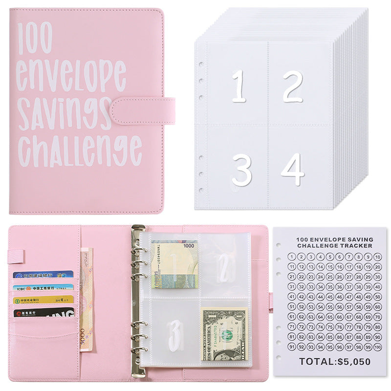 100 Envelope Savings Challenge Binder A5 Budget Planner Book PU Leather Cash Stuffing Money Organiser with Magnetic Closure & Tracker (Pink)