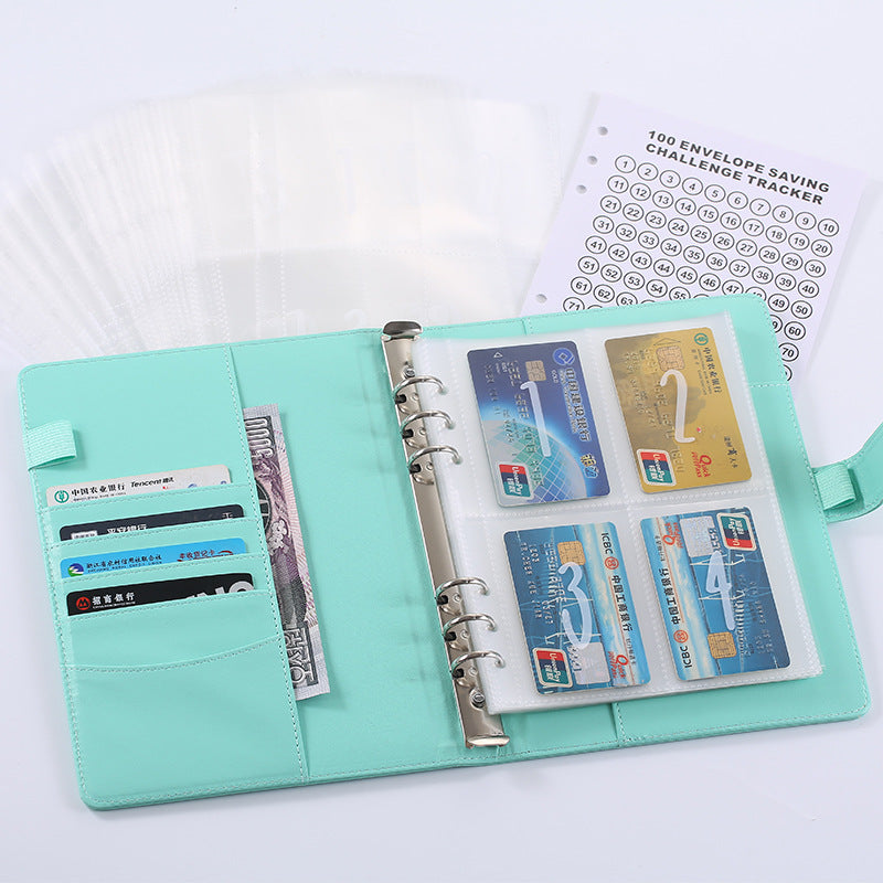 100 Envelope Savings Challenge Binder A5 Budget Planner Book PU Leather Cash Stuffing Money Organiser with Magnetic Closure & Tracker (Blue)