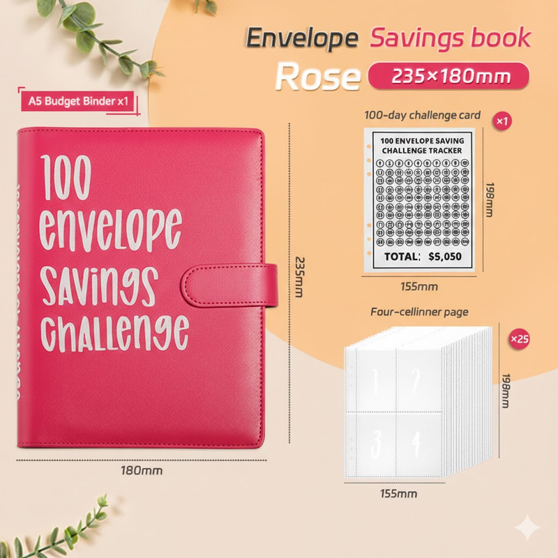 100 Envelope Savings Challenge Binder A5 Budget Planner Book PU Leather Cash Stuffing Money Organiser with Magnetic Closure & Tracker (Red)