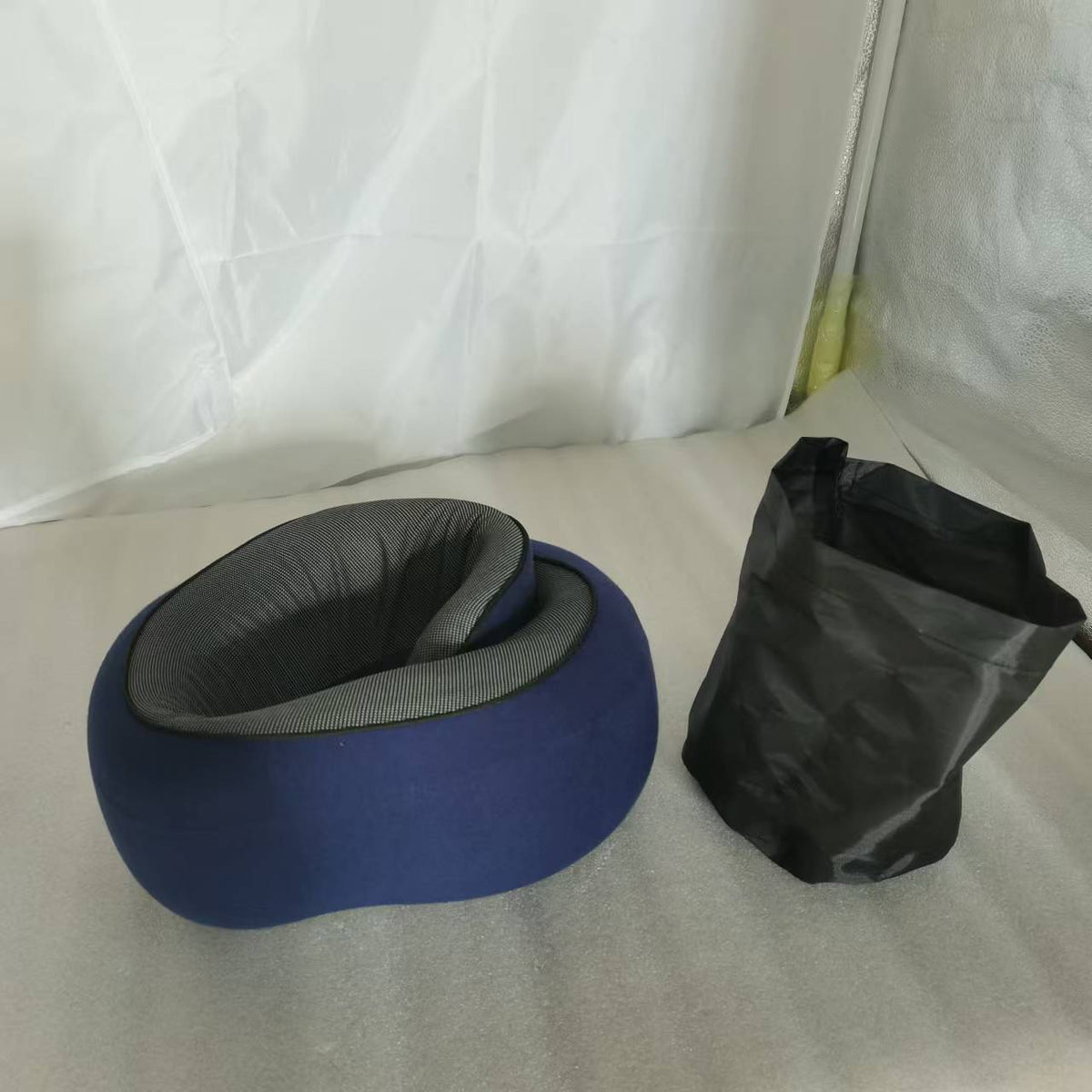 Memory Foam Travel Neck Pillow 360 Support Adjustable Snail Shape Chin Rest for Long Haul Flights Car & Office Portable with Storage Bag (Navy Blue)