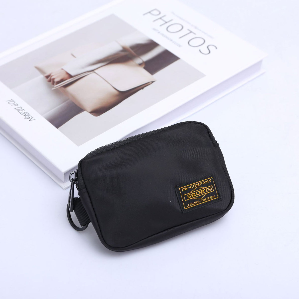 Small Nylon Coin Purse Zip Wallet Waterproof Mini Pouch Key Card Holder Lightweight EDC Organizer Black (12x9cm)
