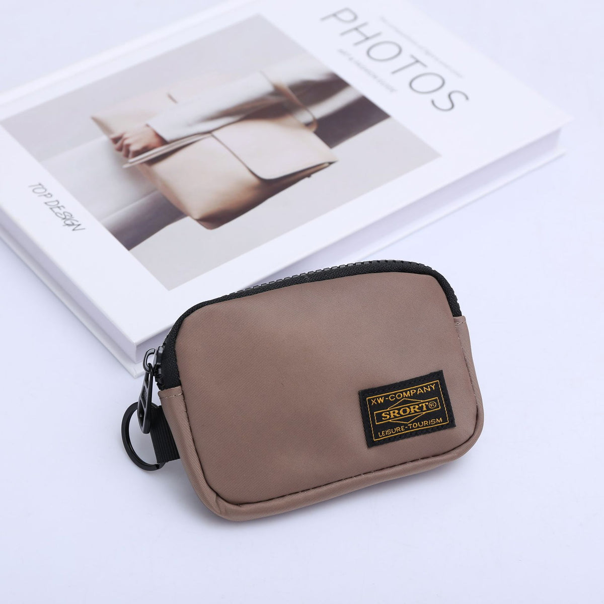 Small Nylon Coin Purse Zip Wallet Waterproof Mini Pouch Key Card Holder Lightweight EDC Organizer Khaki (12x9cm)