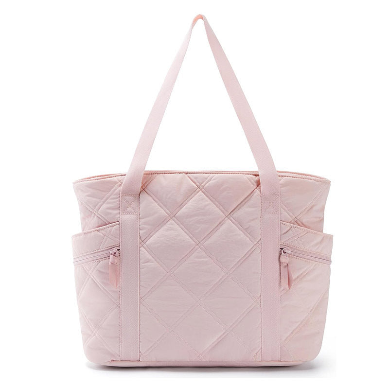 Womens Puffer Tote Bag Quilted Nylon Shoulder Handbag Large Capacity Laptop Work Travel Gym Carryall Bag with Zipper Pink