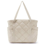 Womens Puffer Tote Bag Quilted Nylon Shoulder Handbag Large Capacity Laptop Work Travel Gym Carryall Bag with Zipper Beige