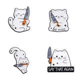 4 PCS Funny White Cat with Knife Enamel Pins Set Cute Cartoon Lapel Badge Brooch for Backpacks Denim Jackets Sassy Aesthetic Gift