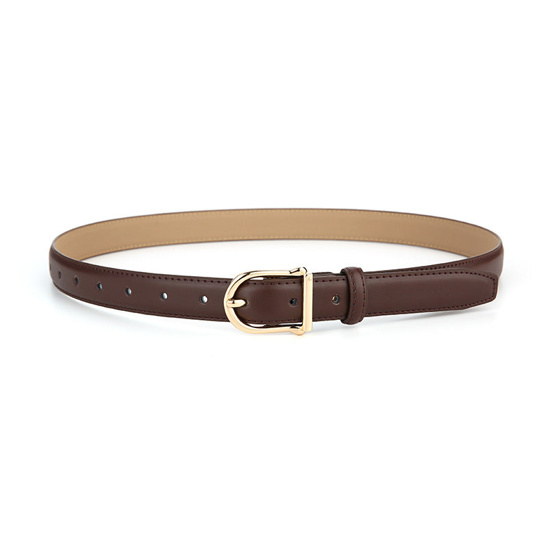 Women's Genuine Leather Thin Belt 2.3cm Width Minimalist Gold D-Shaped Buckle Casual Waist Strap for Jeans Dresses Coffee 105cm