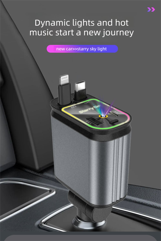 4-in-1 Retractable Car Charger Adapter 120W Max Fast Charging Dual Cables Type-C & Lightning Starry Sky Projector Light 12V-24V for iPhone Samsung