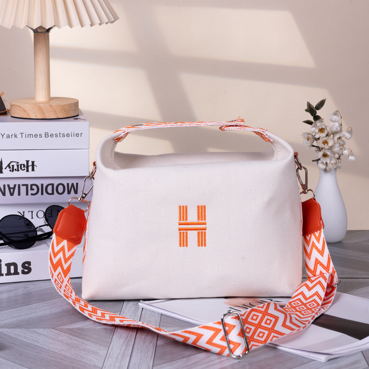Women's Minimalist Canvas Crossbody Bag with Wide Orange Webbing Strap Casual Shoulder Handbag Large Capacity for Daily Use - Cream White